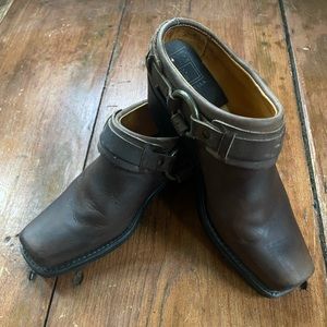 Tan Frye Belted Harness Mules